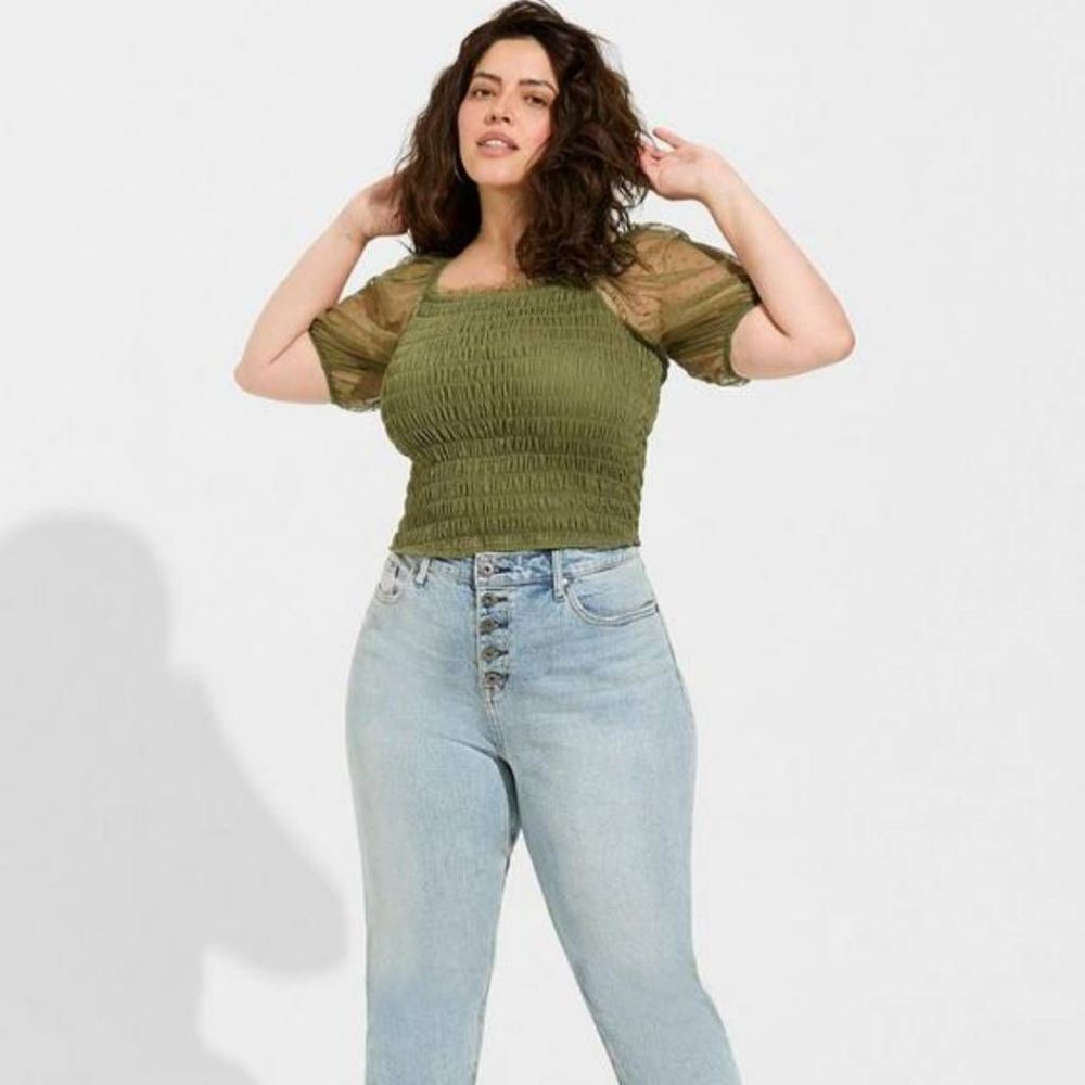 Torrid Women's Plus Size Dot Mesh Square Neck Smocked Crop Top - Picture 2 of 5